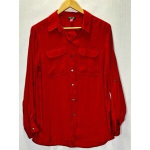 Vince Camuto Womens Top Sz S Red Button Front Long Roll Tab Sleeves Collared